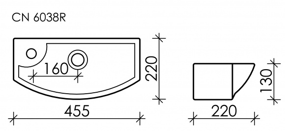 Умывальник подвесной прямоугольный с крепежом (чаша справа, отверстие под смеситель слева) Element 455*220*130мм